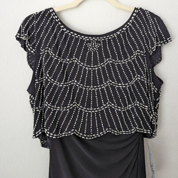 NWT Dress XSCAPE LBD Sheath Sleeveless Hand Beaded Black Silver 6 Holiday NYE - Picture 4 of 11